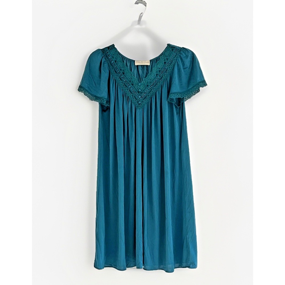 Vintage 1980s Miss Elaine Classics Teal Nylon Gown Lace Trim Nightgown